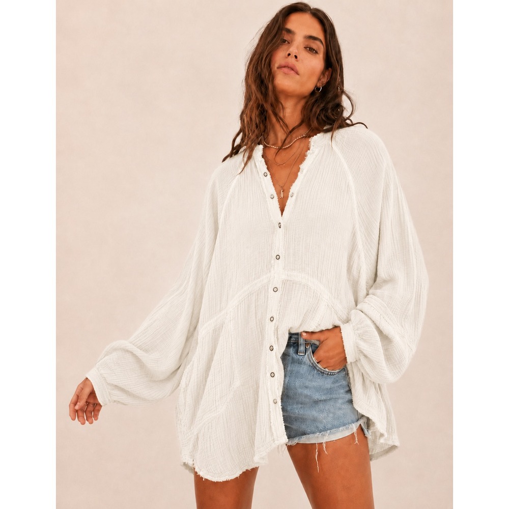 We The Free Summer Daydream Buttondown Sz S Oversized White Gauzy Raw Hem